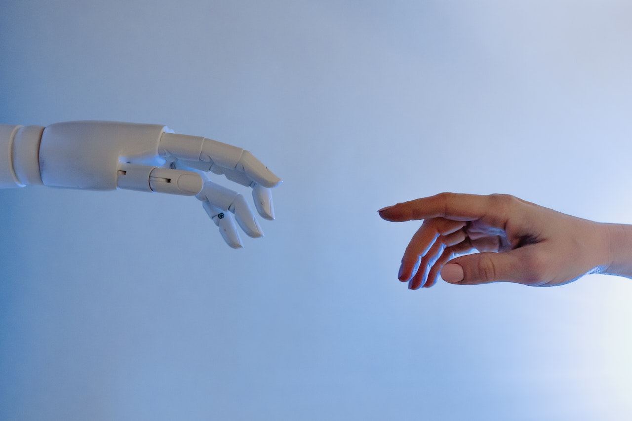 Machine Learning Ilustration. Robot and Human Hands